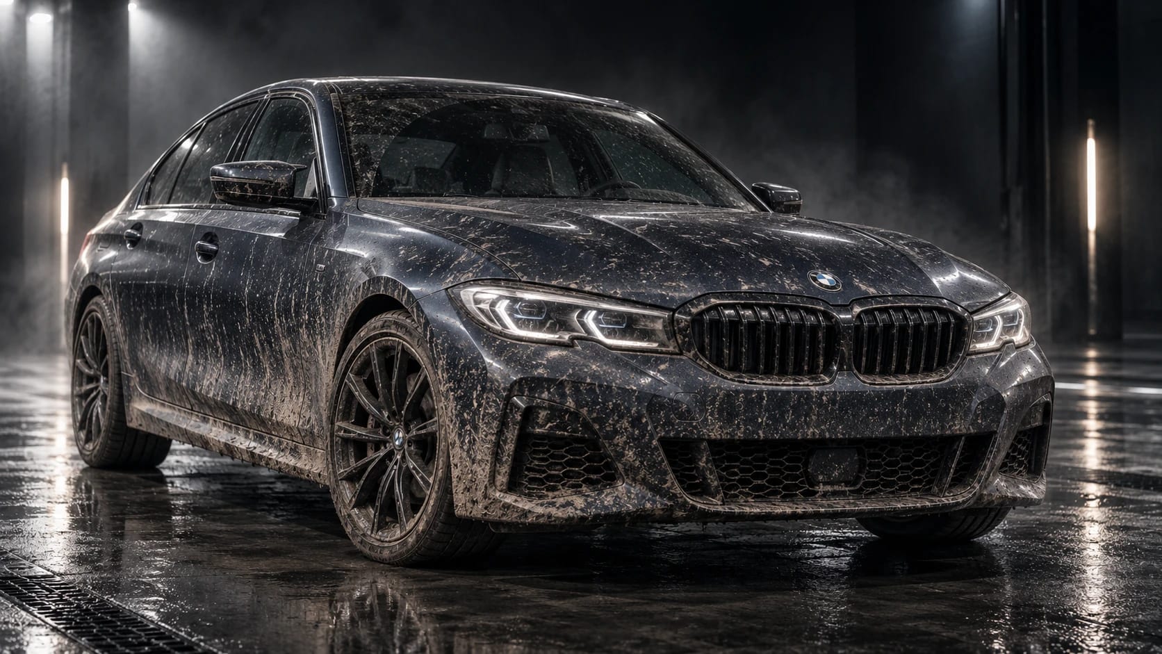 BMW gris fosc cobert de fang en un garatge fosc, abans del rentat.