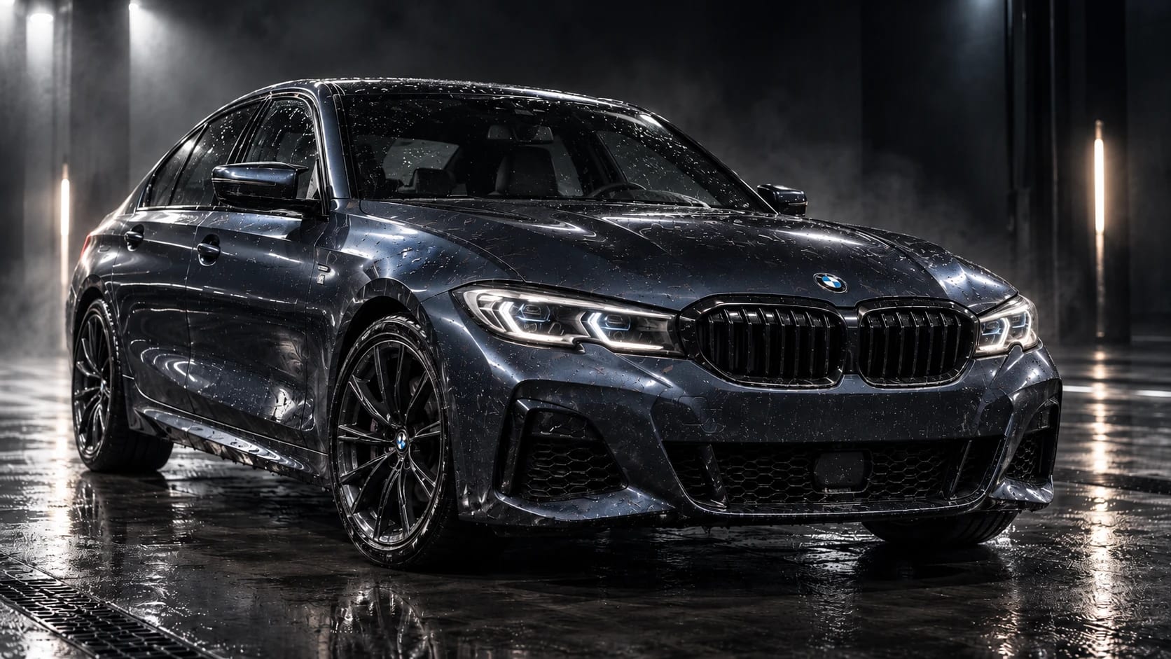 El BMW ja net, amb gotes d'aigua sobre la pintura fosca.