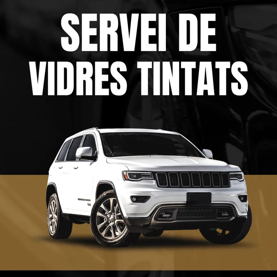 Cartell del servei de vidres tintats amb un tot terreny blanc.